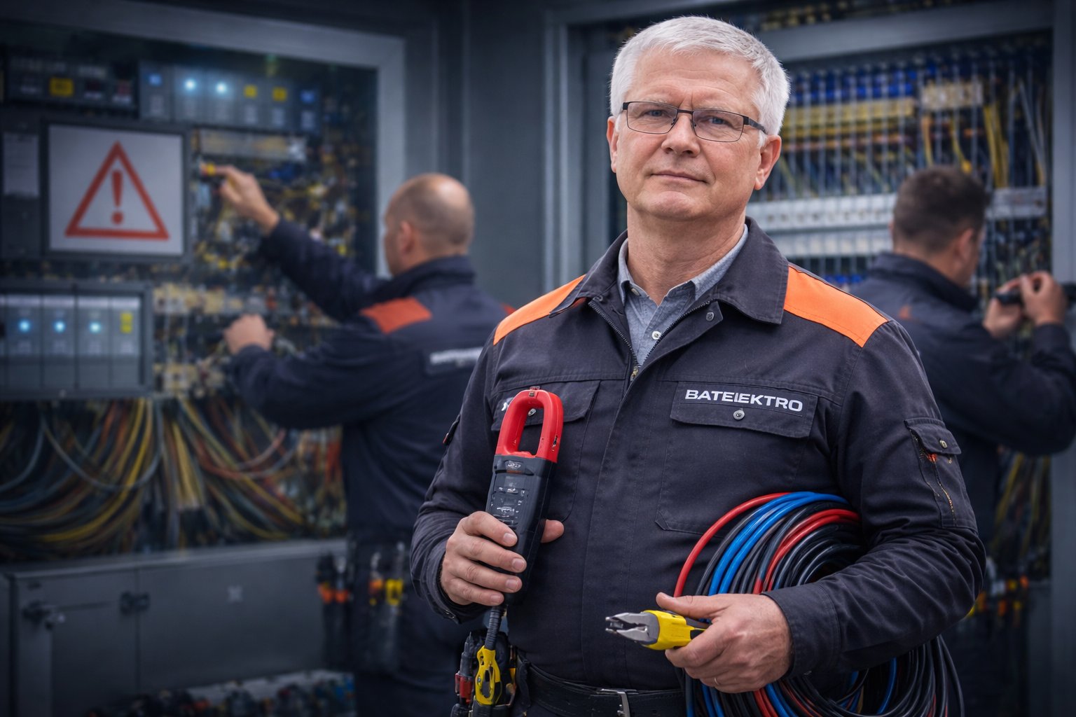 Adam Tkocz, właściciel BATELEKTRO, z narzędziami elektrycznymi na tle rozdzielni — zespół elektryków przy pracy